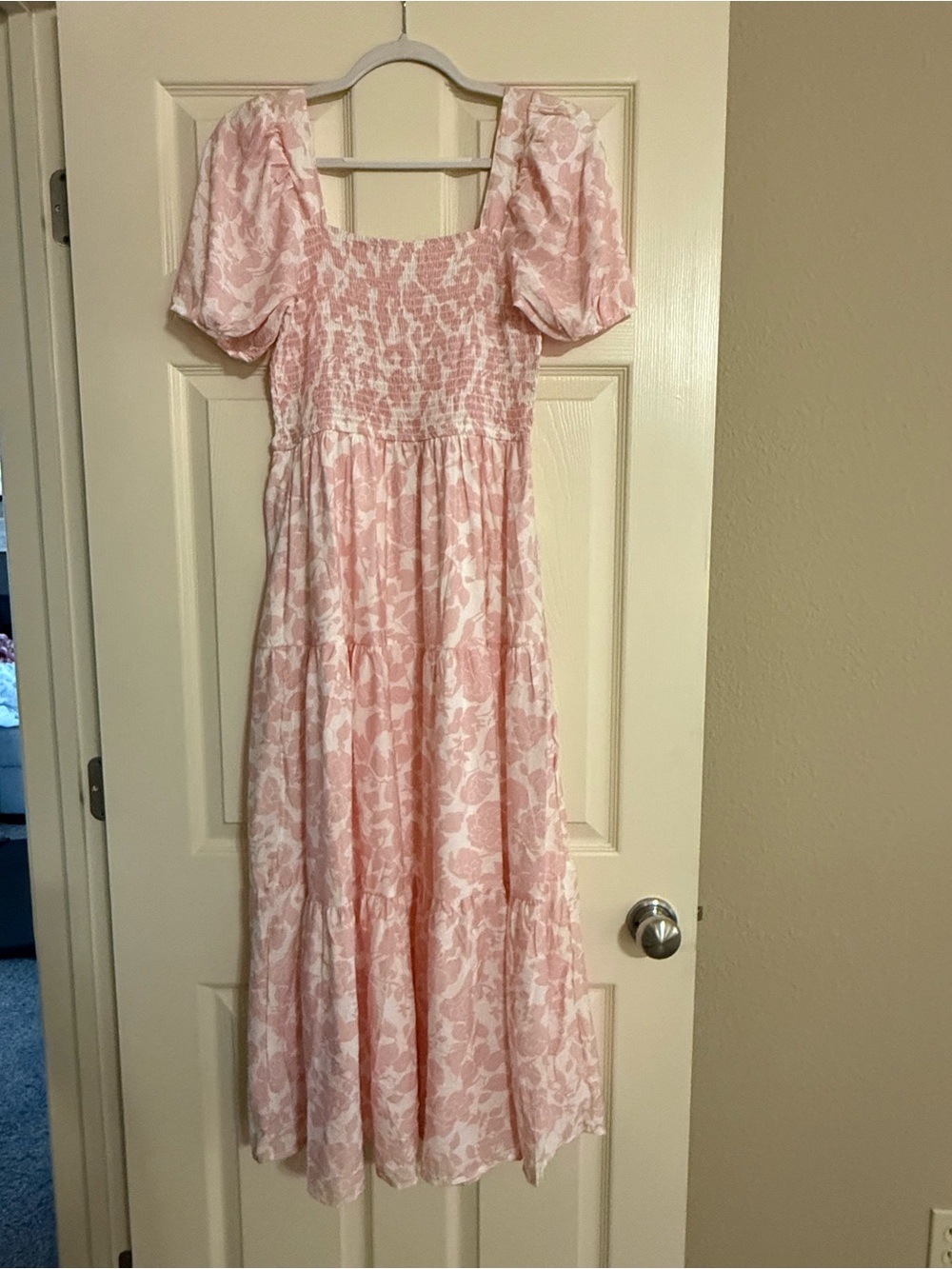 Smocked Square-Neck Maxi Dress in Soft Pink Floral